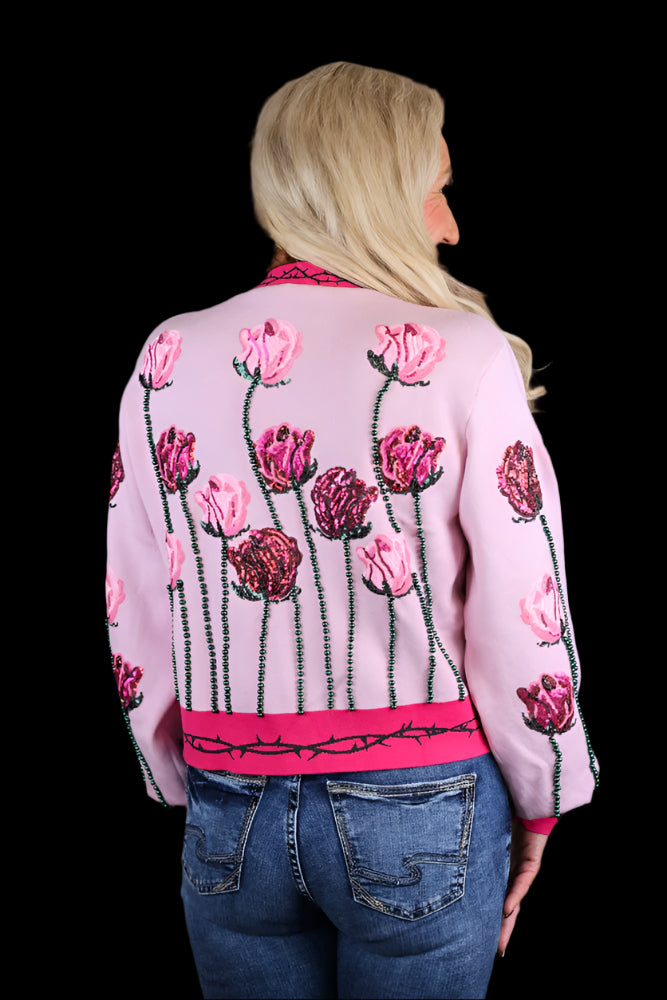 Queen Of Sparkles Light Pink Long Stem Rose Cardigan-Cardigans & Kimonos-Queen Of Sparkles-Deja Nu Boutique, Women's Fashion Boutique in Lampasas, Texas