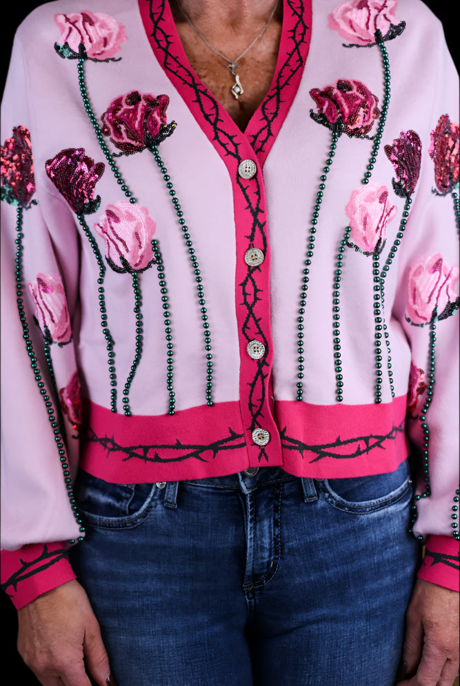Queen Of Sparkles Light Pink Long Stem Rose Cardigan-Cardigans & Kimonos-Queen Of Sparkles-Deja Nu Boutique, Women's Fashion Boutique in Lampasas, Texas