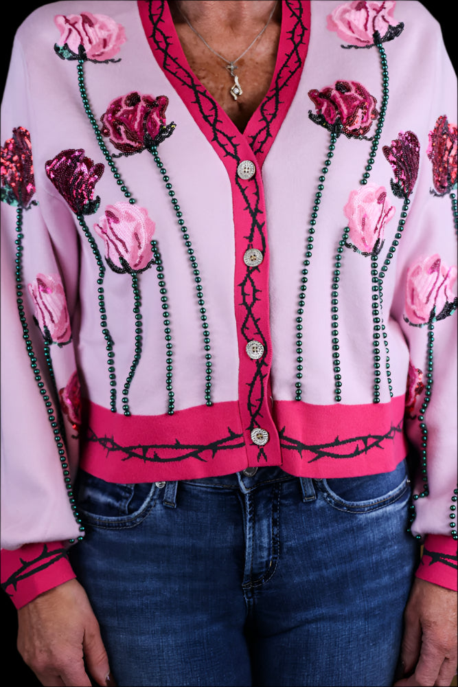 Queen Of Sparkles Light Pink Long Stem Rose Cardigan-Cardigans & Kimonos-Queen Of Sparkles-Deja Nu Boutique, Women's Fashion Boutique in Lampasas, Texas