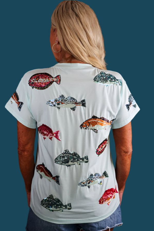 Queen Of Sparkles Mint Multi Fish Tee-Tops-Queen Of Sparkles-Deja Nu Boutique, Women's Fashion Boutique in Lampasas, Texas