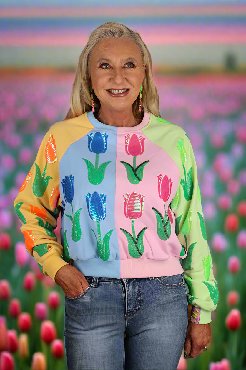 Queen Of Sparkles Neon Colorblock Tulip Sweatshirt-Tops-Queen Of Sparkles-Deja Nu Boutique, Women's Fashion Boutique in Lampasas, Texas
