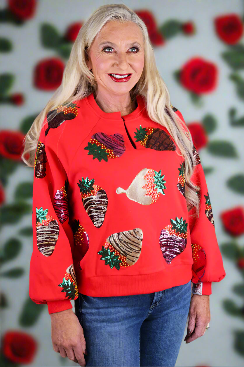 Queen Of Sparkles Red Chocolate Covered Strawberries Sweatshirt-Sweaters-Queen Of Sparkles-Deja Nu Boutique, Women's Fashion Boutique in Lampasas, Texas