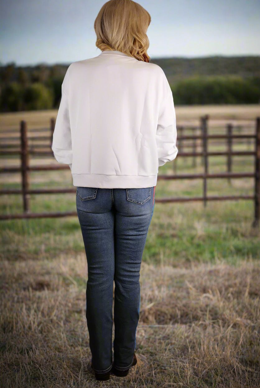 Queen Of Sparkles White Multi Bandana Sequin Rodeo Sweatshirt-Sweaters-Queen Of Sparkles-Deja Nu Boutique, Women's Fashion Boutique in Lampasas, Texas