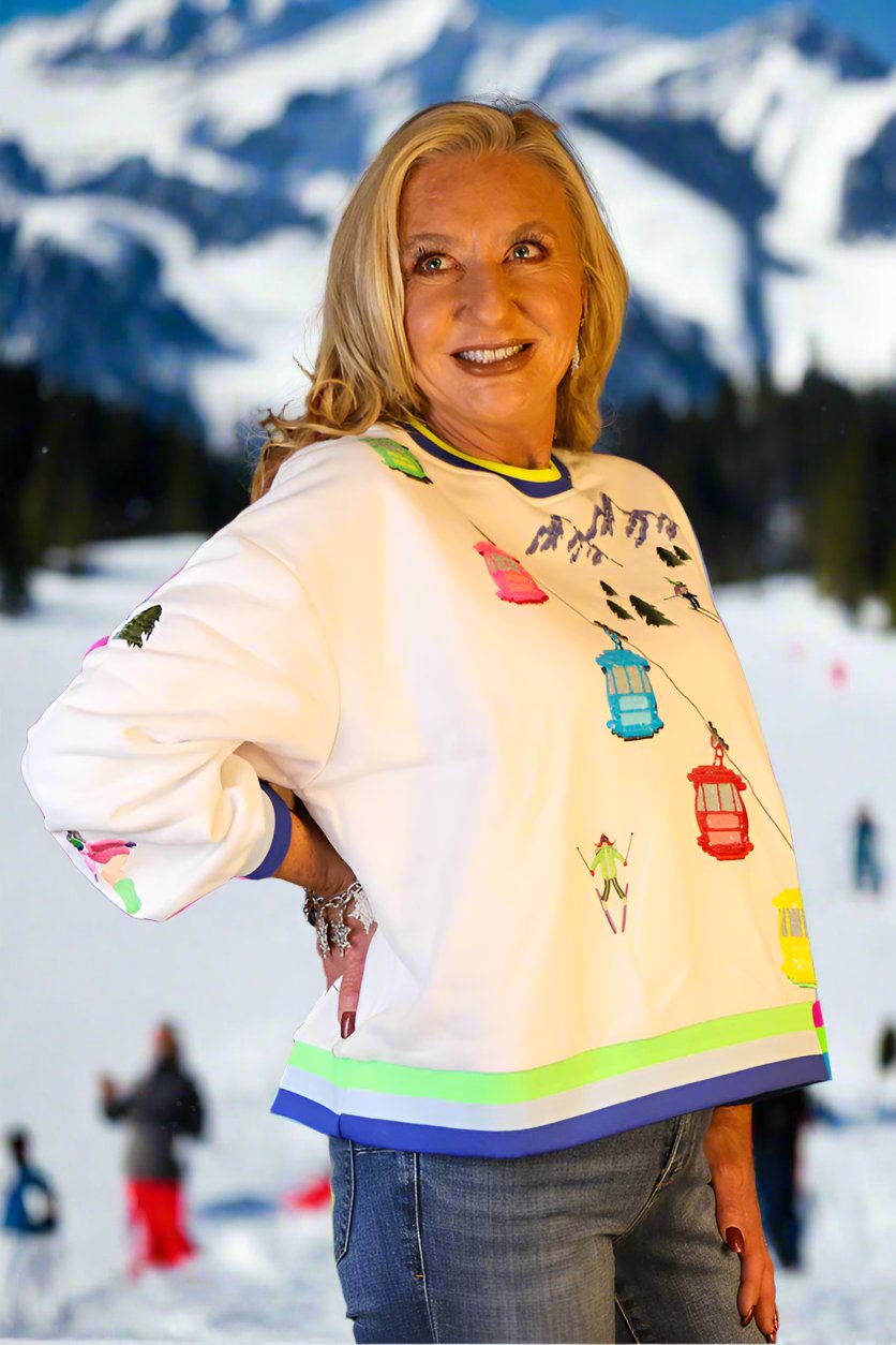 Queen Of Sparkles White Ski Lift On Gondola Sweatshirt-Sweaters-Queen Of Sparkles-Deja Nu Boutique, Women's Fashion Boutique in Lampasas, Texas
