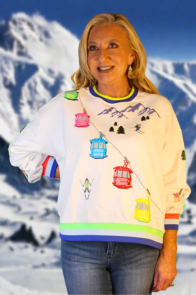 Queen Of Sparkles White Ski Lift On Gondola Sweatshirt-Sweaters-Queen Of Sparkles-Deja Nu Boutique, Women's Fashion Boutique in Lampasas, Texas