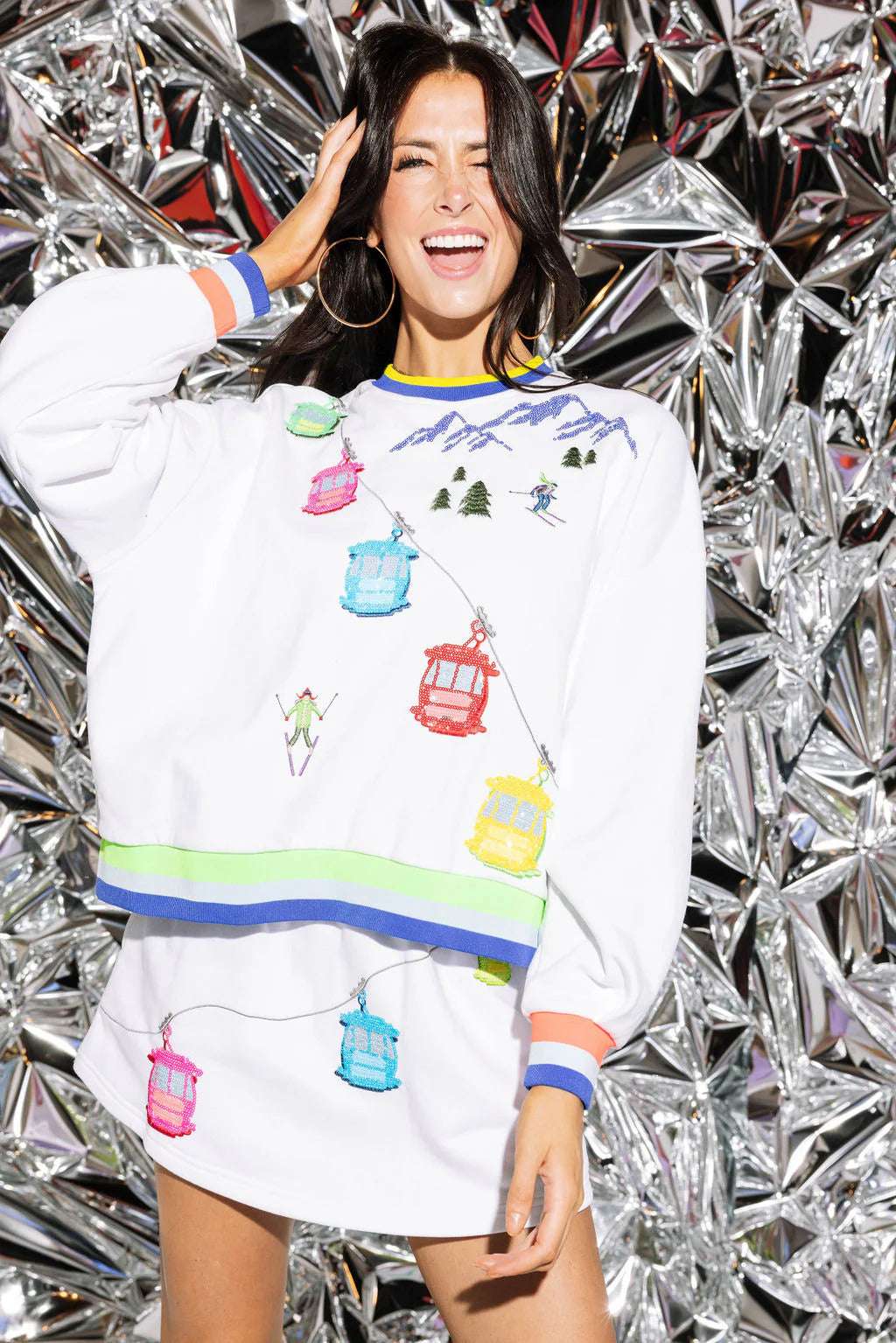 Queen Of Sparkles White Ski Lift On Gondola Sweatshirt-Sweaters-Queen Of Sparkles-Deja Nu Boutique, Women's Fashion Boutique in Lampasas, Texas