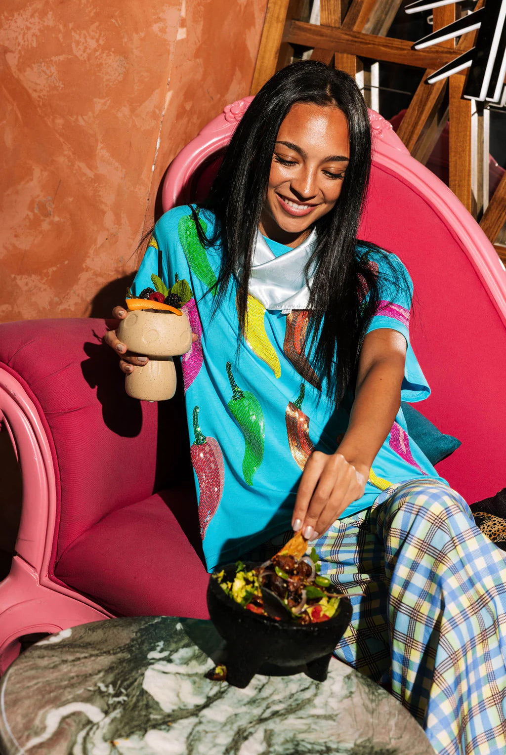 Queen of Sparkles Aqua Multi Chili Pepper Sequin Tee-Tops-Queen Of Sparkles-Deja Nu Boutique, Women's Fashion Boutique in Lampasas, Texas