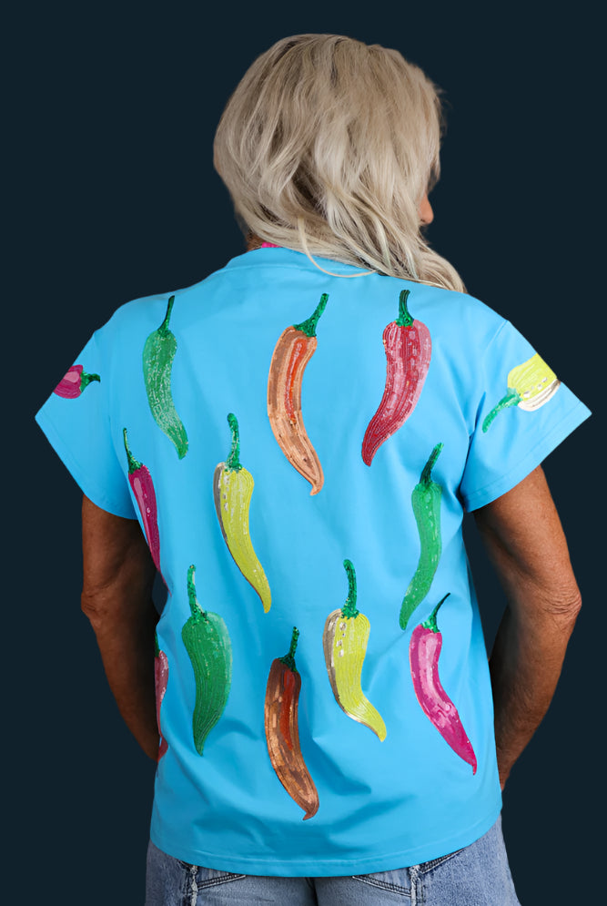 Queen of Sparkles Aqua Multi Chili Pepper Sequin Tee-Tops-Queen Of Sparkles-Deja Nu Boutique, Women's Fashion Boutique in Lampasas, Texas