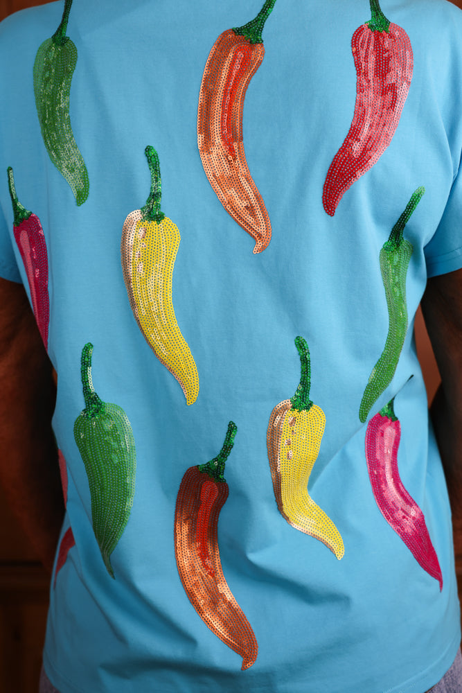 Queen of Sparkles Aqua Multi Chili Pepper Sequin Tee-Tops-Queen Of Sparkles-Deja Nu Boutique, Women's Fashion Boutique in Lampasas, Texas