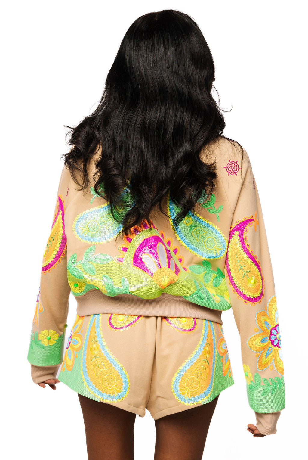 Queen of Sparkles Beige & Neon Paisley Print Sweatshirt-sweatshirt-Queen Of Sparkles-Deja Nu Boutique, Women's Fashion Boutique in Lampasas, Texas