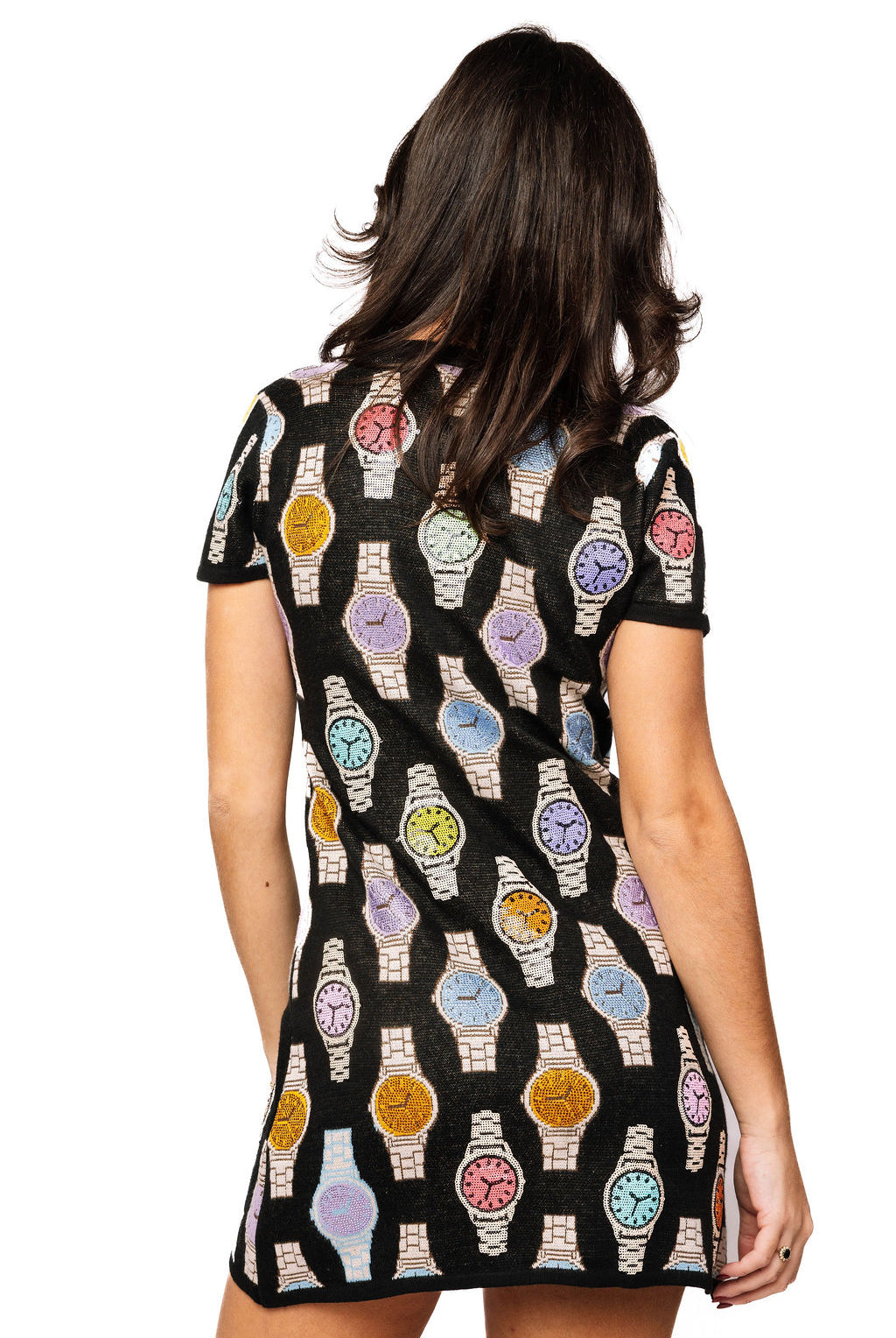 Queen of Sparkles Black Button Up Multi Watch Knit Short Sleeve Dress-mini dress-Queen Of Sparkles-Deja Nu Boutique, Women's Fashion Boutique in Lampasas, Texas