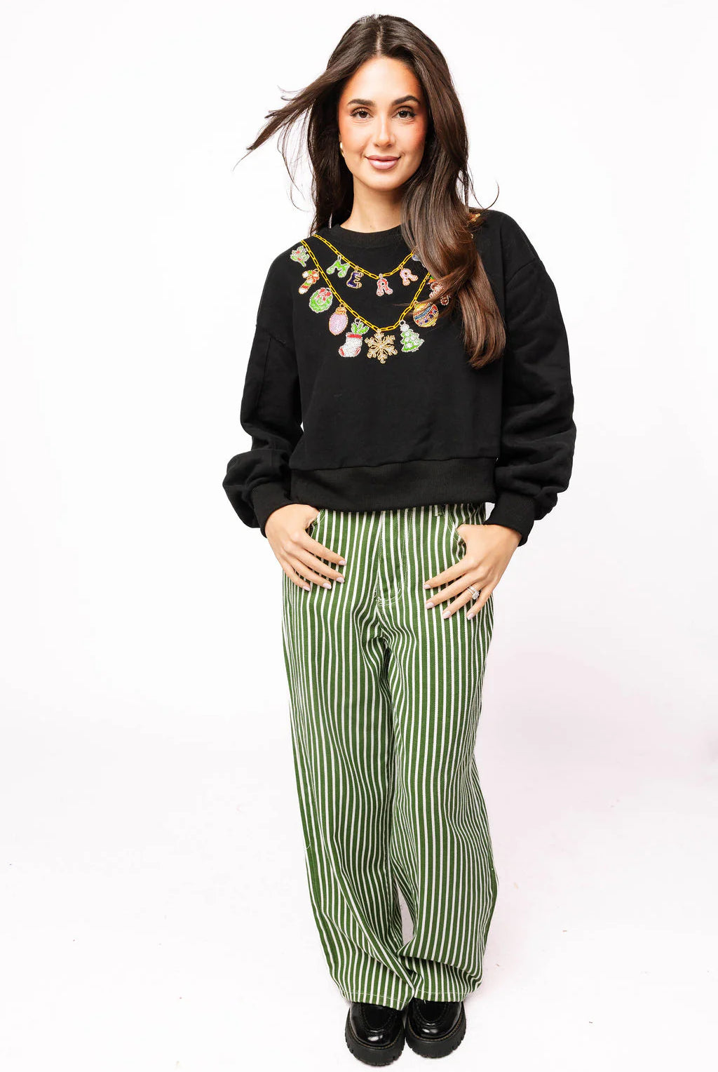 Queen of Sparkles Black Christmas Necklace Sweatshirt-sweatshirt-Queen Of Sparkles-Deja Nu Boutique, Women's Fashion Boutique in Lampasas, Texas