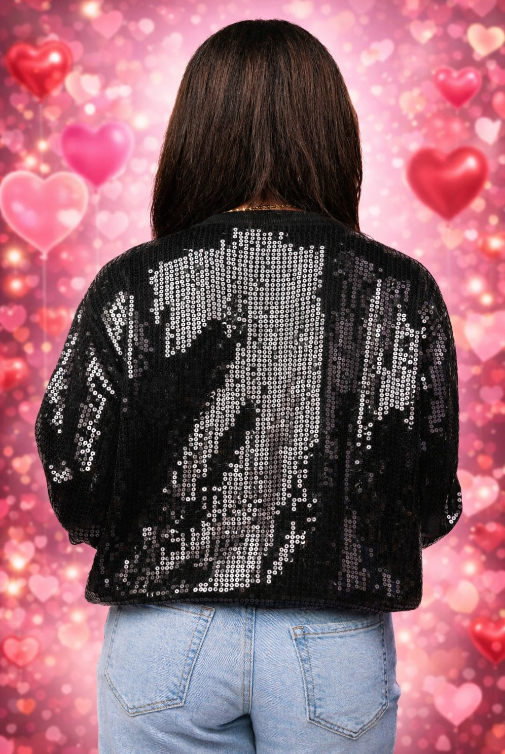 Queen of Sparkles Black Full Sequin “Be My Valentine” Jeweled Heart Sweater-Sweaters-Queen Of Sparkles-Deja Nu Boutique, Women's Fashion Boutique in Lampasas, Texas