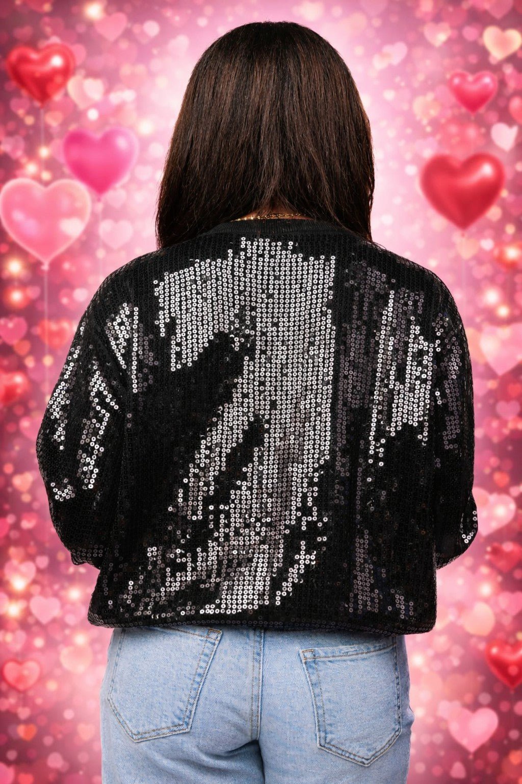 Queen of Sparkles Black Full Sequin “Be My Valentine” Jeweled Heart Sweater-Sweaters-Queen Of Sparkles-Deja Nu Boutique, Women's Fashion Boutique in Lampasas, Texas