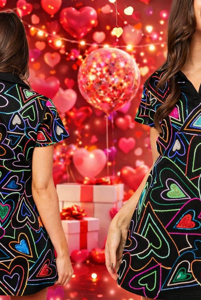 Queen of Sparkles Black Groovy Sequin Heart Collared Short Sleeve Dress-mini dress-Queen Of Sparkles-Deja Nu Boutique, Women's Fashion Boutique in Lampasas, Texas