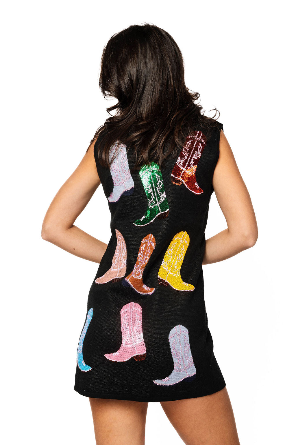 Queen of Sparkles Black Knit Multi Cowboy Boot Tank Dress-mini dress-Queen Of Sparkles-Deja Nu Boutique, Women's Fashion Boutique in Lampasas, Texas