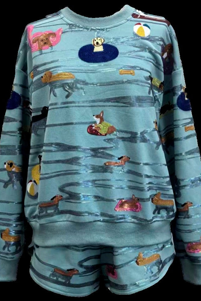 Queen of Sparkles Blue Dogs Swimming on Floats Sweatshirt-sweatshirt-Queen Of Sparkles-Deja Nu Boutique, Women's Fashion Boutique in Lampasas, Texas