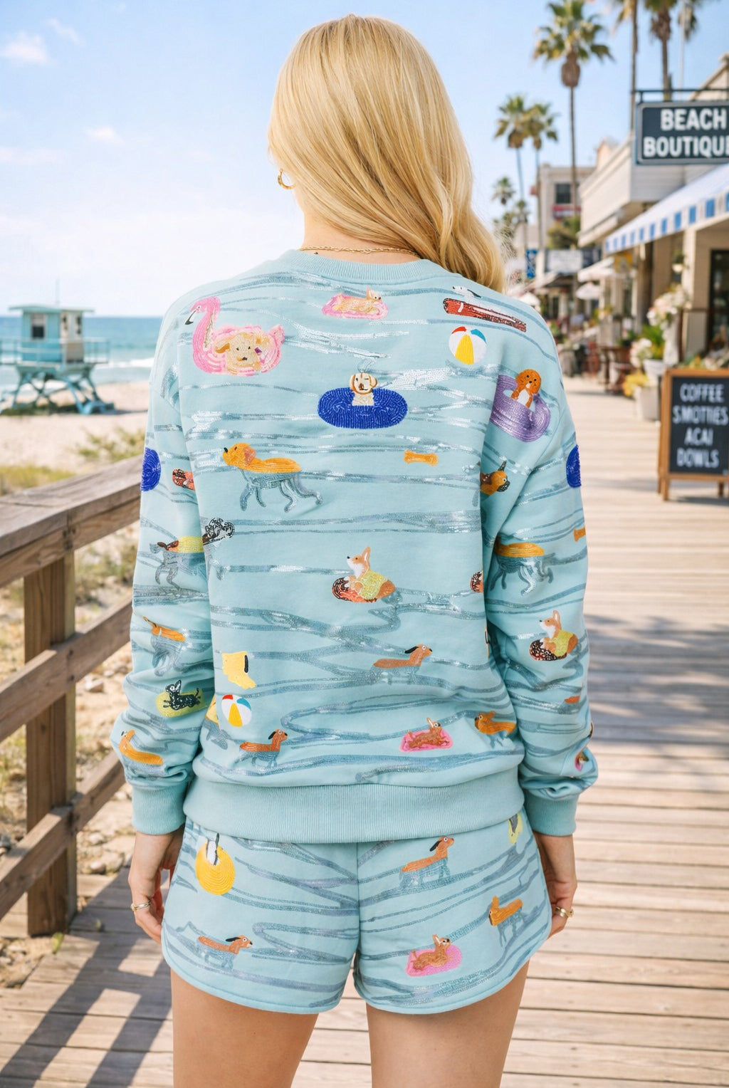 Queen of Sparkles Blue Dogs Swimming on Floats Sweatshirt-sweatshirt-Queen Of Sparkles-Deja Nu Boutique, Women's Fashion Boutique in Lampasas, Texas