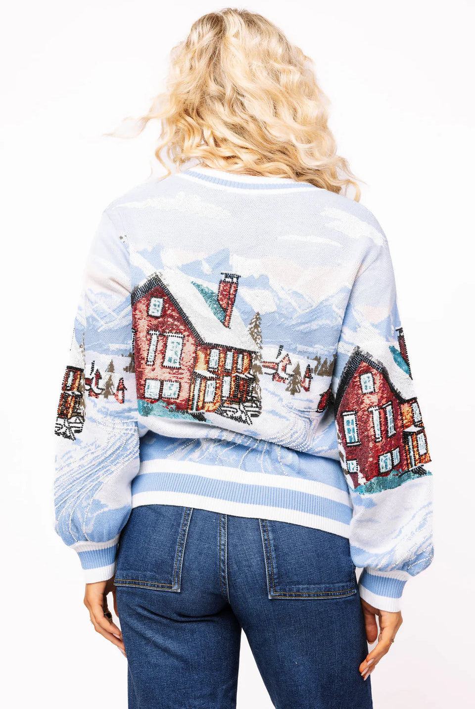 Queen of Sparkles Blue & White Snowy Town Scene Button Up Cardigan-Cardigans & Kimonos-Queen Of Sparkles-Deja Nu Boutique, Women's Fashion Boutique in Lampasas, Texas
