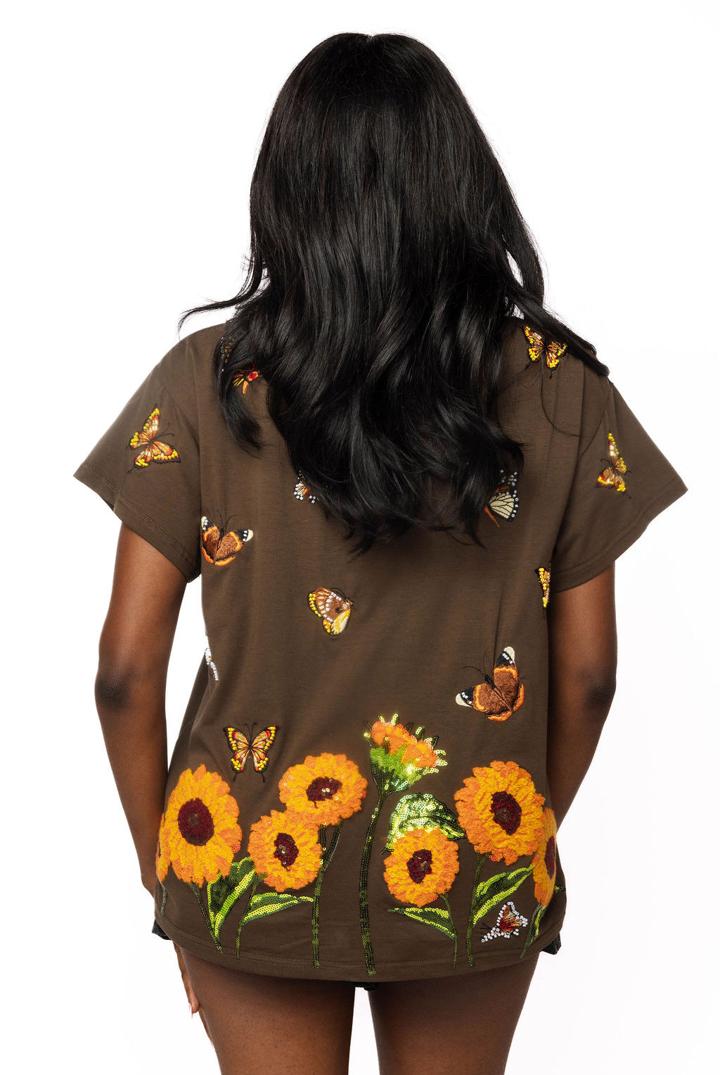Queen of Sparkles Brown Beaded Butterfly & Sunflower Tee-T-Shirts-Queen Of Sparkles-Deja Nu Boutique, Women's Fashion Boutique in Lampasas, Texas