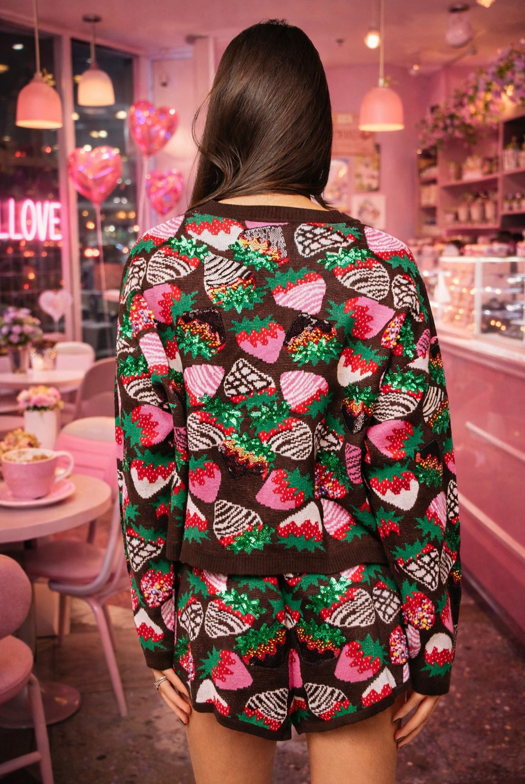 Queen of Sparkles Brown Multi Sequin Strawberry Tie-Up Sweater-Sweaters-Queen Of Sparkles-Deja Nu Boutique, Women's Fashion Boutique in Lampasas, Texas