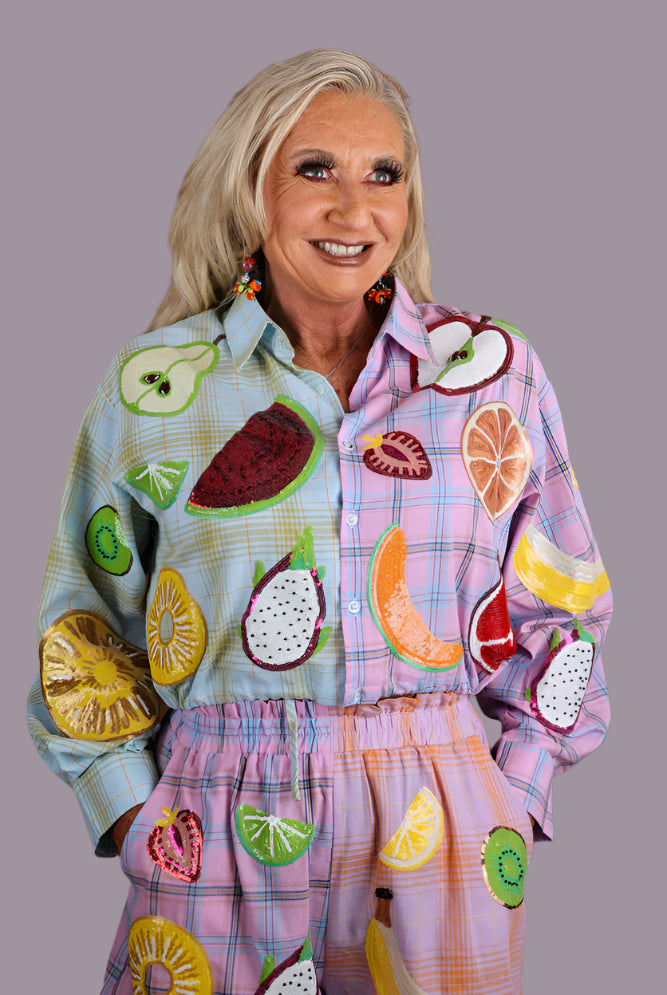 Queen of Sparkles Colorblock Plaid Fruit Button Up Collar Long Sleeve Top-Tops-Queen Of Sparkles-Deja Nu Boutique, Women's Fashion Boutique in Lampasas, Texas