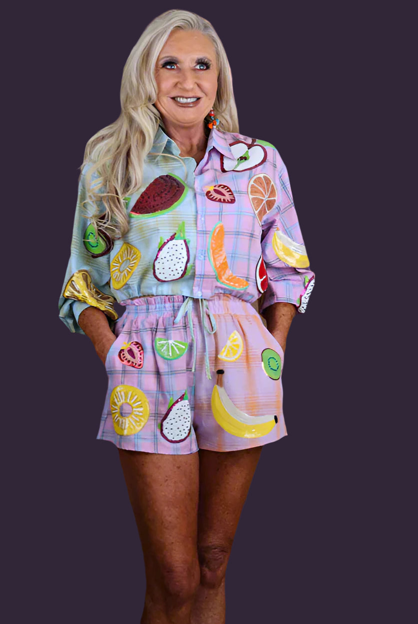 Queen of Sparkles Colorblock Plaid Fruit Button Up Collar Long Sleeve Top-Tops-Queen Of Sparkles-Deja Nu Boutique, Women's Fashion Boutique in Lampasas, Texas