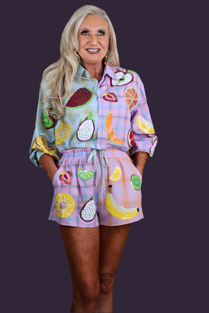 Queen of Sparkles Colorblock Plaid Fruit Button Up Collar Long Sleeve Top-Tops-Queen Of Sparkles-Deja Nu Boutique, Women's Fashion Boutique in Lampasas, Texas