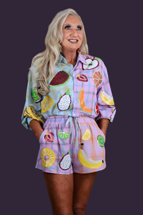 Queen of Sparkles Colorblock Plaid Fruit Button Up Collar Long Sleeve Top-Tops-Queen Of Sparkles-Deja Nu Boutique, Women's Fashion Boutique in Lampasas, Texas