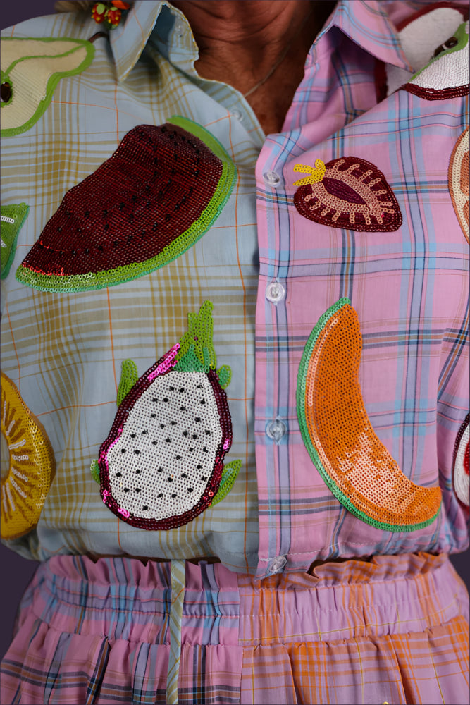 Queen of Sparkles Colorblock Plaid Fruit Button Up Collar Long Sleeve Top-Tops-Queen Of Sparkles-Deja Nu Boutique, Women's Fashion Boutique in Lampasas, Texas