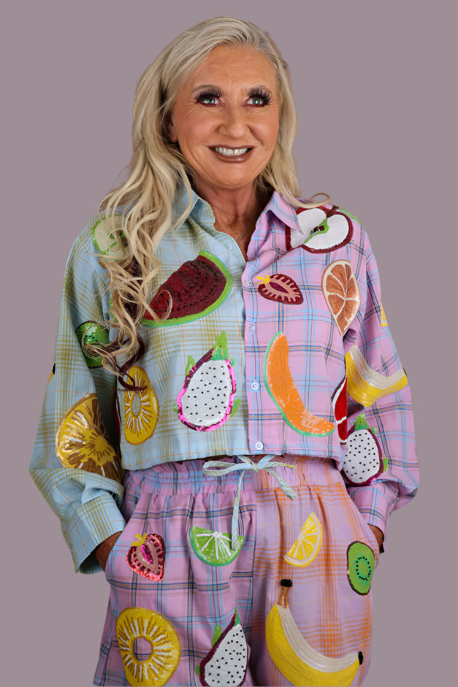 Queen of Sparkles Colorblock Plaid Fruit Button Up Collar Long Sleeve Top-Tops-Queen Of Sparkles-Deja Nu Boutique, Women's Fashion Boutique in Lampasas, Texas