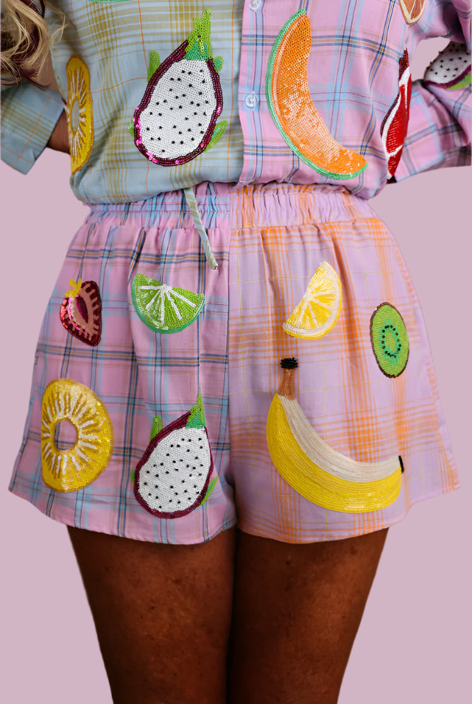 Queen of Sparkles Colorblock Plaid Fruit Shorts-Shorts-Queen Of Sparkles-Deja Nu Boutique, Women's Fashion Boutique in Lampasas, Texas