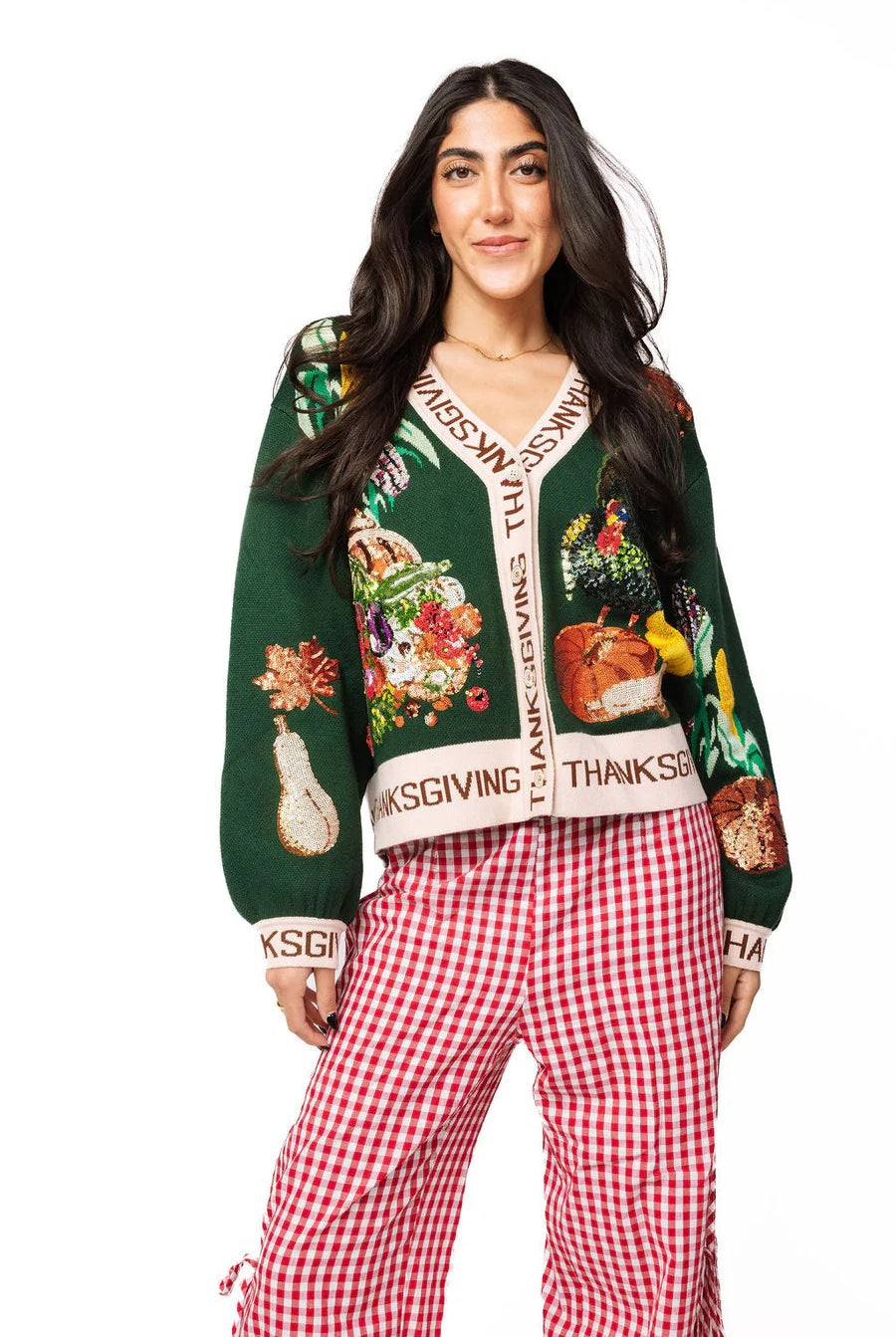 Queen of Sparkles Dark Green Thanksgiving Button Cardigan-Cardigans & Kimonos-Queen Of Sparkles-Deja Nu Boutique, Women's Fashion Boutique in Lampasas, Texas