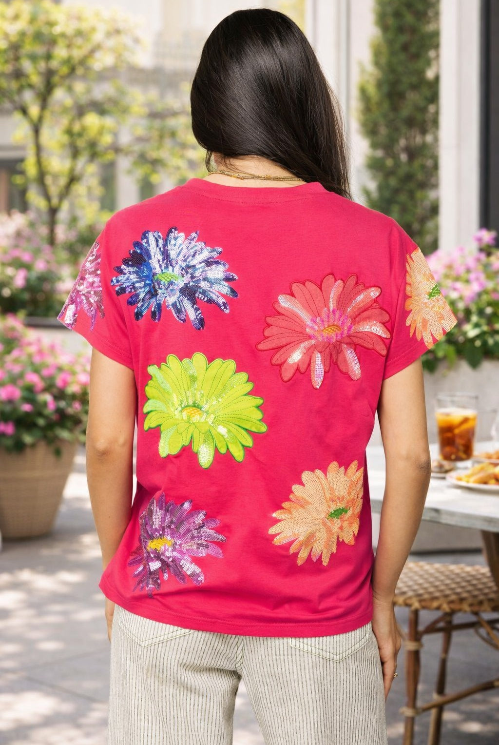 Queen of Sparkles Hot Pink Multi Flower Tee-T-Shirts-Queen Of Sparkles-Deja Nu Boutique, Women's Fashion Boutique in Lampasas, Texas