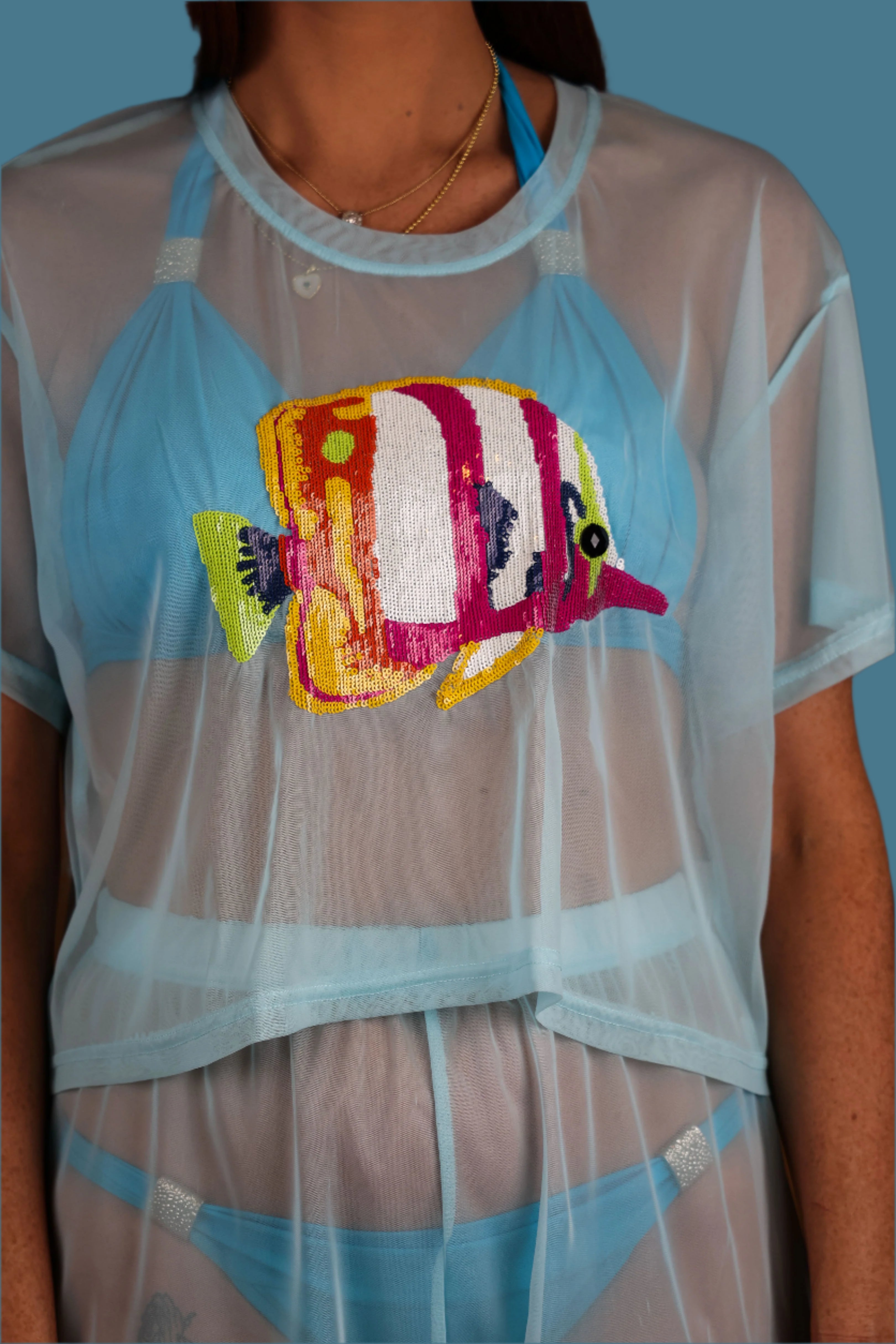 Queen of Sparkles Light Blue Mesh Fish Top-Cover Up-Queen Of Sparkles-Deja Nu Boutique, Women's Fashion Boutique in Lampasas, Texas