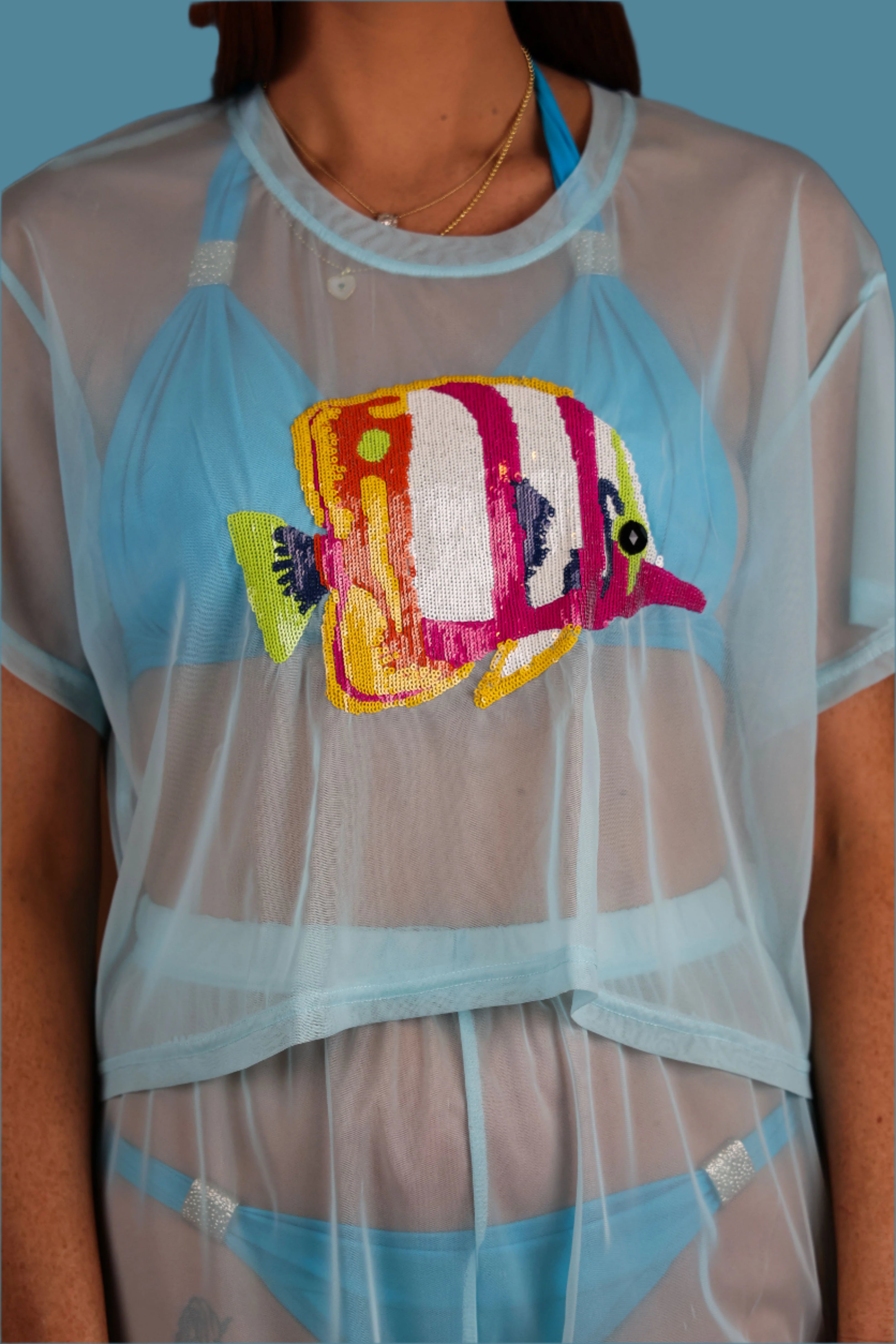 Queen of Sparkles Light Blue Mesh Fish Top-Cover Up-Queen Of Sparkles-Deja Nu Boutique, Women's Fashion Boutique in Lampasas, Texas