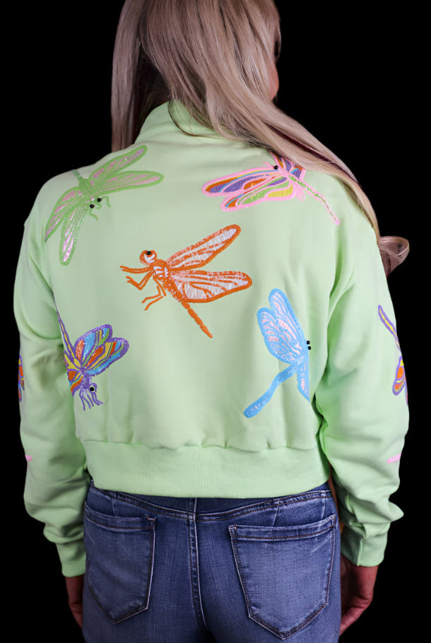 Queen of Sparkles Light Green Multi Dragonfly Henley Sweatshirt-Tops-Queen Of Sparkles-Deja Nu Boutique, Women's Fashion Boutique in Lampasas, Texas