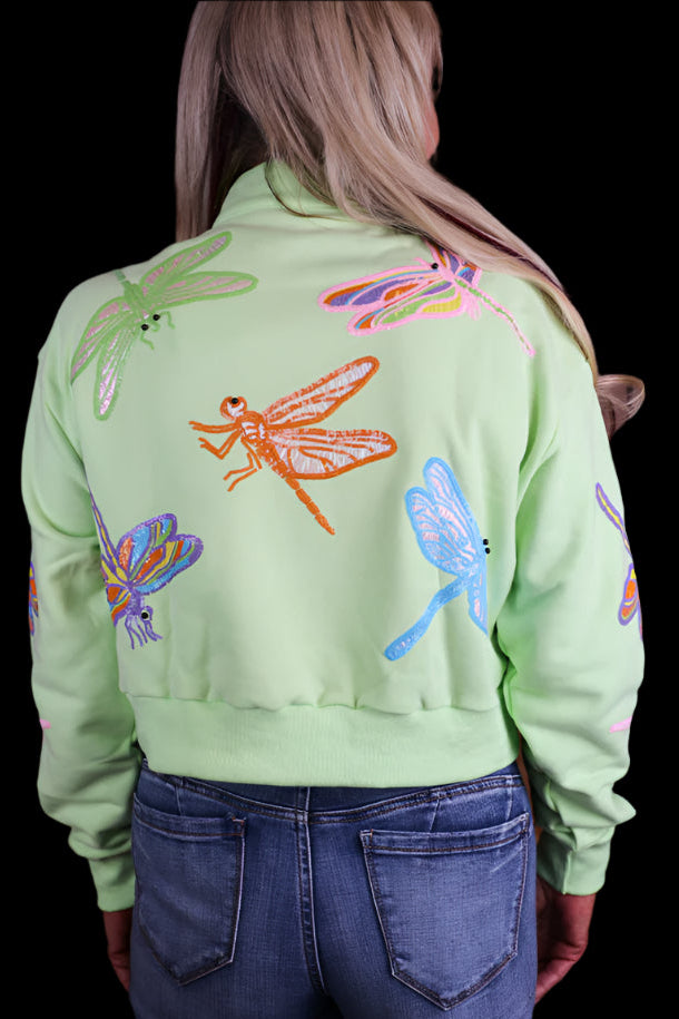 Queen of Sparkles Light Green Multi Dragonfly Henley Sweatshirt-Tops-Queen Of Sparkles-Deja Nu Boutique, Women's Fashion Boutique in Lampasas, Texas