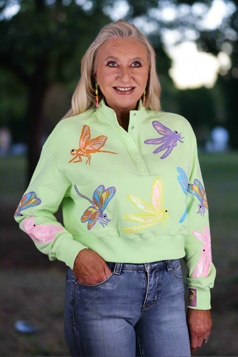 Queen of Sparkles Light Green Multi Dragonfly Henley Sweatshirt-Tops-Queen Of Sparkles-Deja Nu Boutique, Women's Fashion Boutique in Lampasas, Texas