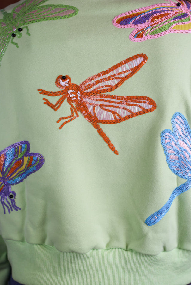 Queen of Sparkles Light Green Multi Dragonfly Henley Sweatshirt-Tops-Queen Of Sparkles-Deja Nu Boutique, Women's Fashion Boutique in Lampasas, Texas