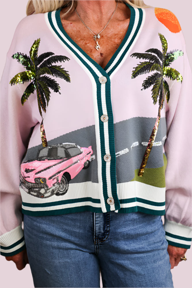 Queen of Sparkles Light Pink Vintage Car & Palm Tree Sequin Cardigan-Cardigans & Kimonos-Queen Of Sparkles-Deja Nu Boutique, Women's Fashion Boutique in Lampasas, Texas