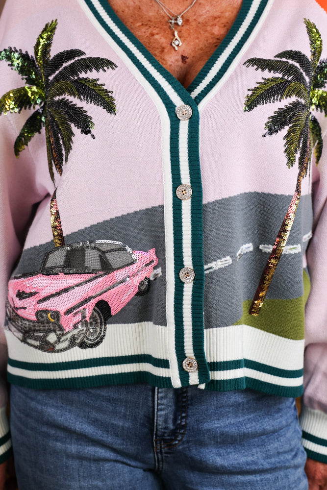 Queen of Sparkles Light Pink Vintage Car & Palm Tree Sequin Cardigan-Cardigans & Kimonos-Queen Of Sparkles-Deja Nu Boutique, Women's Fashion Boutique in Lampasas, Texas
