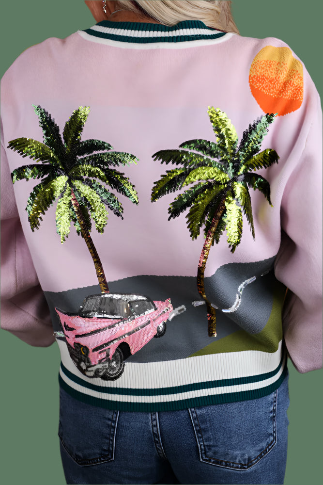 Queen of Sparkles Light Pink Vintage Car & Palm Tree Sequin Cardigan-Cardigans & Kimonos-Queen Of Sparkles-Deja Nu Boutique, Women's Fashion Boutique in Lampasas, Texas