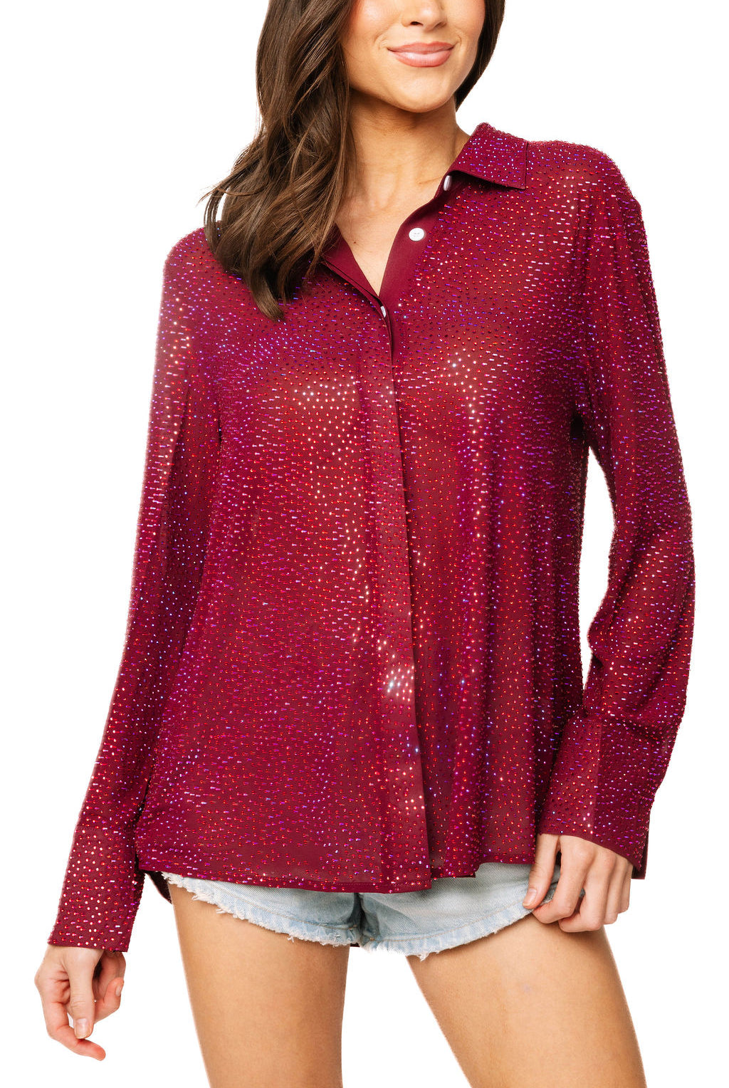 Queen of Sparkles Maroon Rhinestone Button Up Top-shirts-Queen Of Sparkles-Deja Nu Boutique, Women's Fashion Boutique in Lampasas, Texas