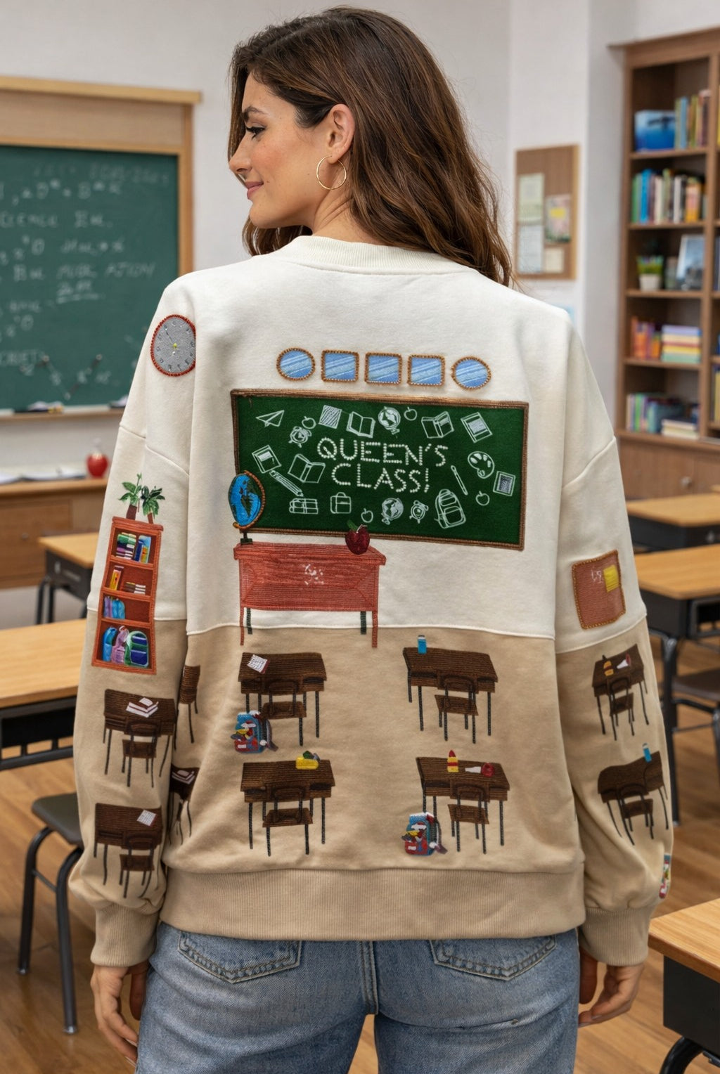 Queen of Sparkles Multi Classroom Scene Sweatshirt-sweatshirt-Queen Of Sparkles-Deja Nu Boutique, Women's Fashion Boutique in Lampasas, Texas