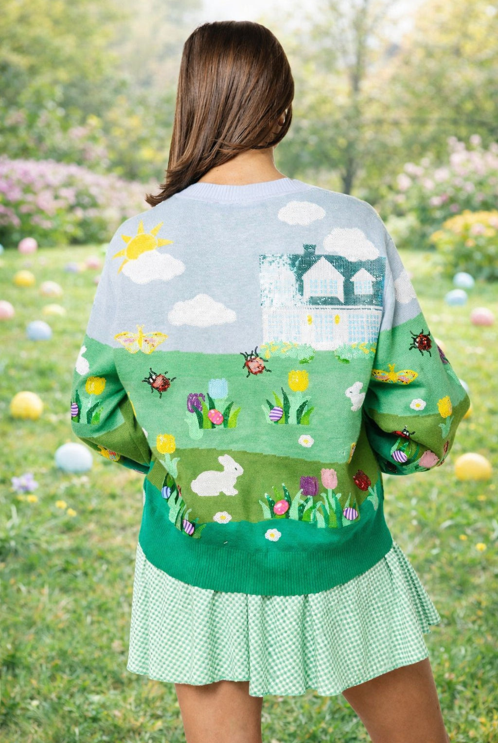 Queen of Sparkles Multi Easter Bunnies & Eggs in Yard Scene Button Up Cardigan-Cardigans & Kimonos-Queen Of Sparkles-Deja Nu Boutique, Women's Fashion Boutique in Lampasas, Texas