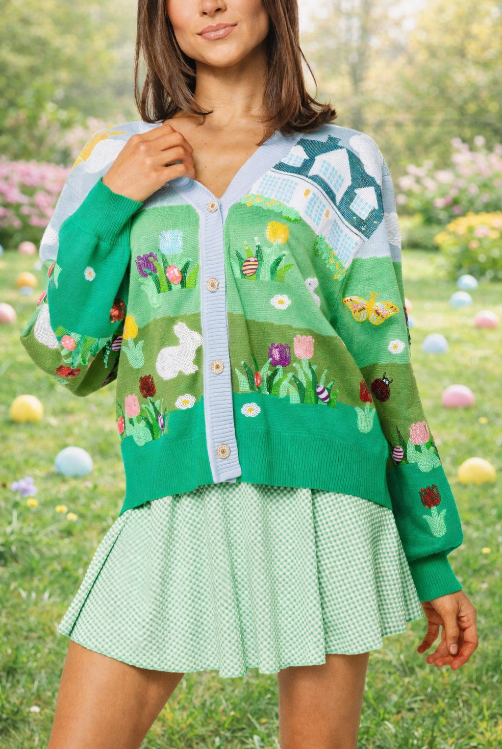 Queen of Sparkles Multi Easter Bunnies & Eggs in Yard Scene Button Up Cardigan-Cardigans & Kimonos-Queen Of Sparkles-Deja Nu Boutique, Women's Fashion Boutique in Lampasas, Texas