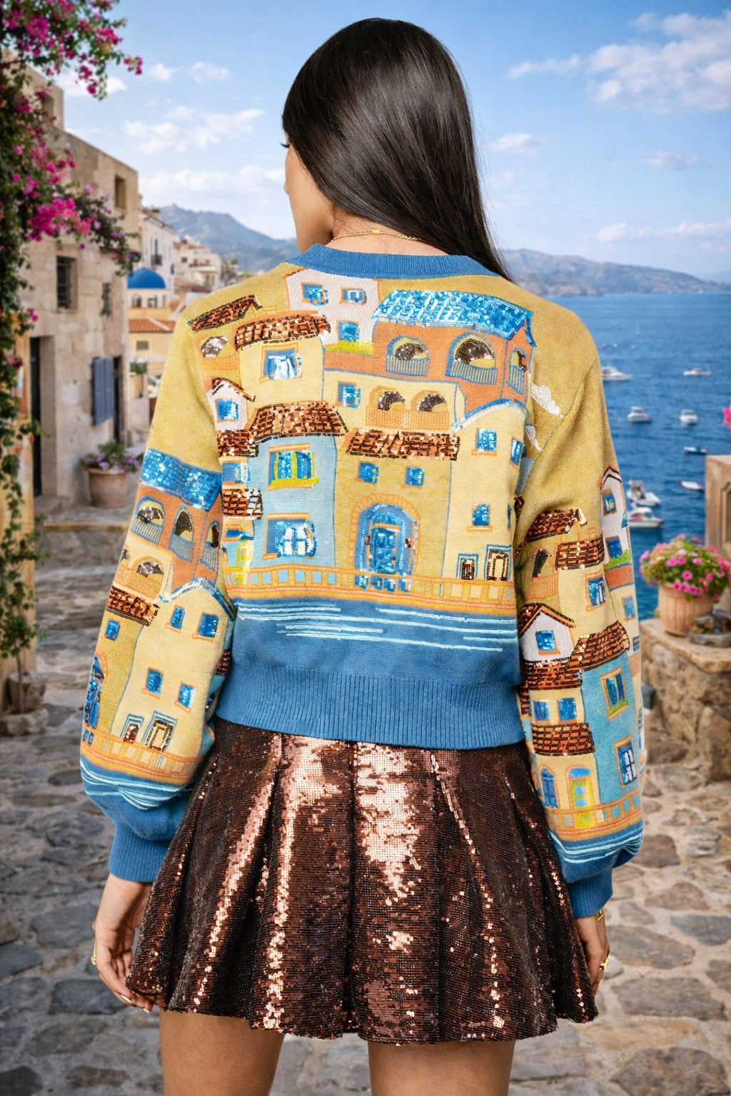 Queen of Sparkles Multi “Italian Houses on Water” Sequin Button-Up Cardigan-Cardigans & Kimonos-Queen Of Sparkles-Deja Nu Boutique, Women's Fashion Boutique in Lampasas, Texas