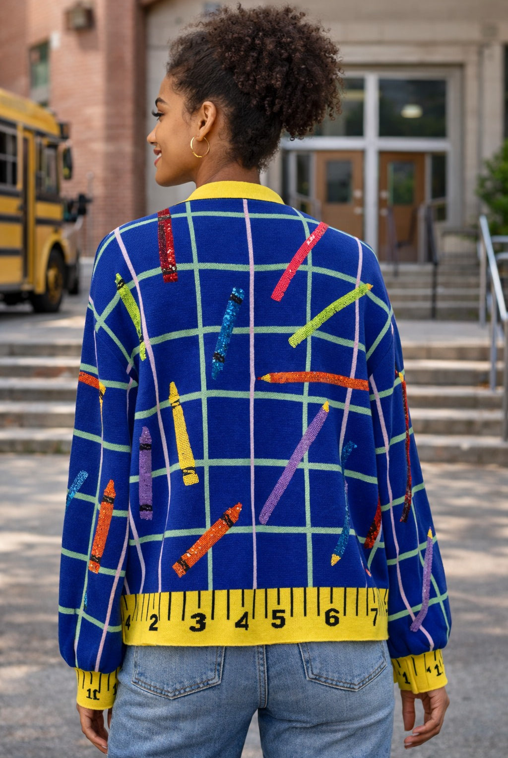 Queen of Sparkles Multi School Supplies Ruler Trim Button Up Cardigan-Cardigans & Kimonos-Queen Of Sparkles-Deja Nu Boutique, Women's Fashion Boutique in Lampasas, Texas