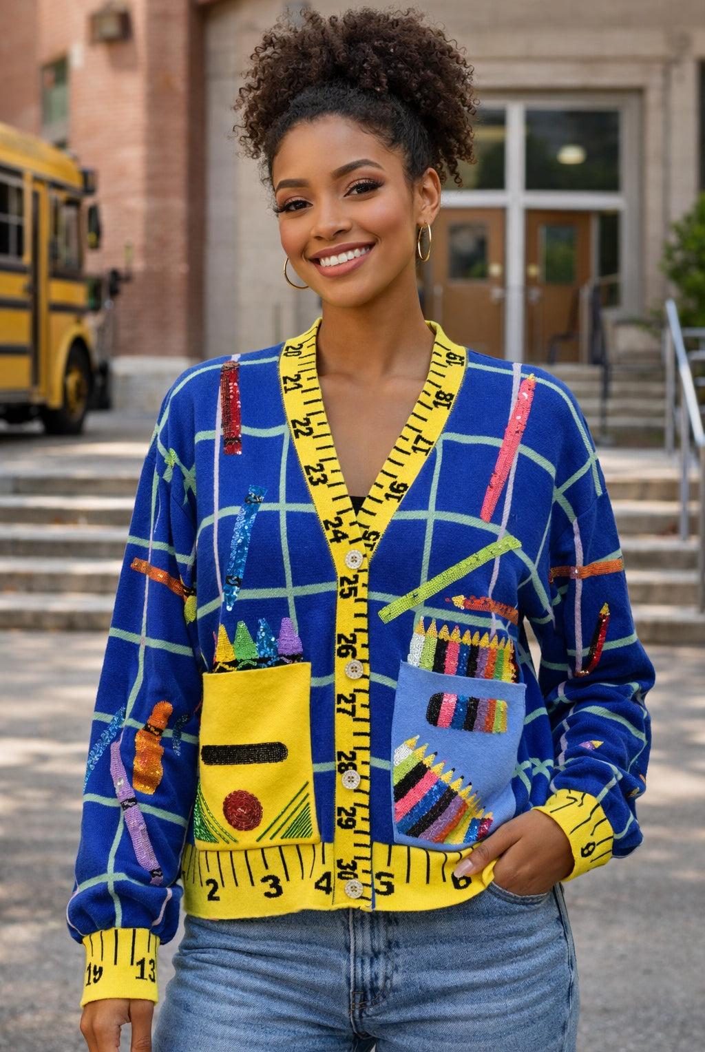 Queen of Sparkles Multi School Supplies Ruler Trim Button Up Cardigan-Cardigans & Kimonos-Queen Of Sparkles-Deja Nu Boutique, Women's Fashion Boutique in Lampasas, Texas